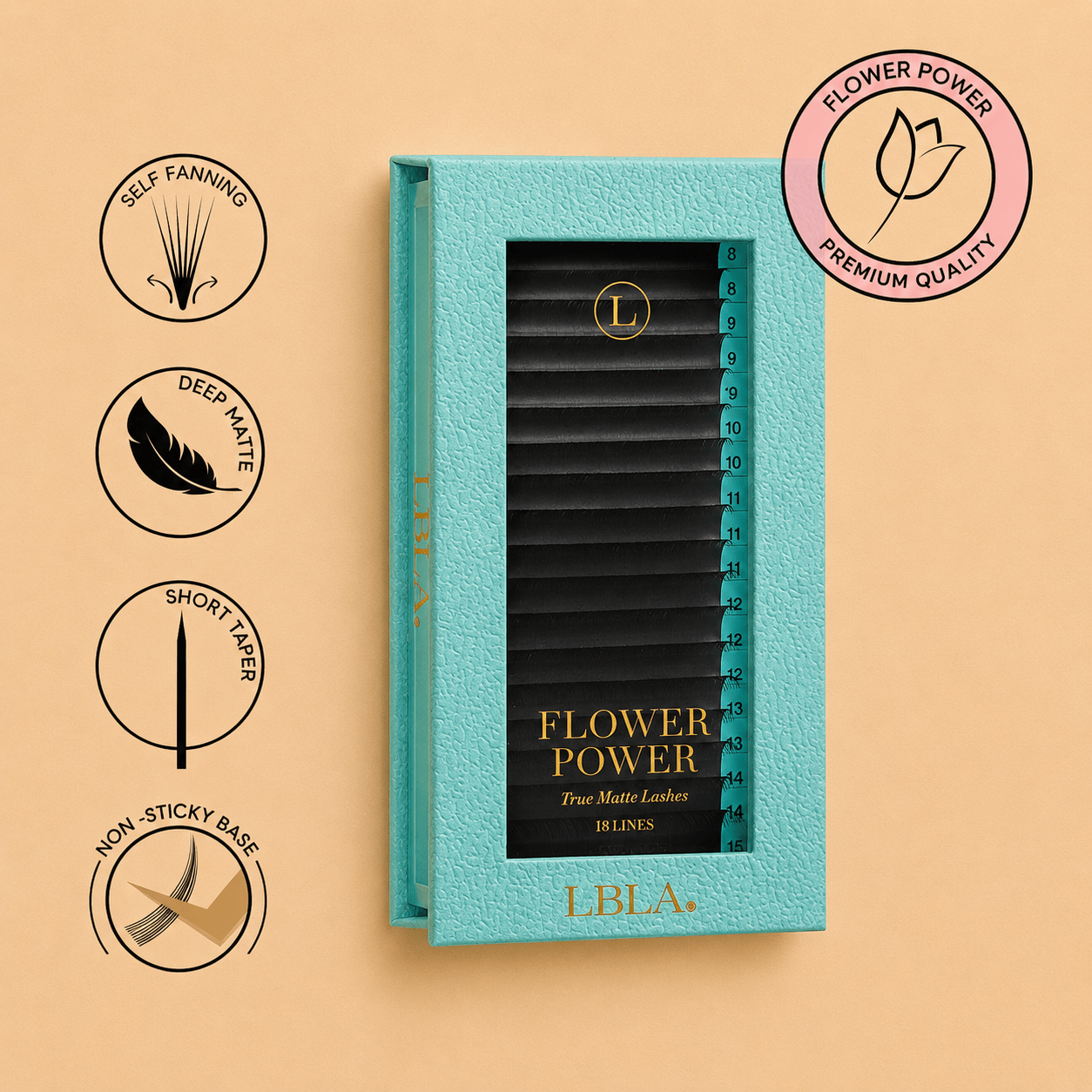 Front packaging view of the Flower Power True Matte deep black lash extension 18-line acrylic tray.