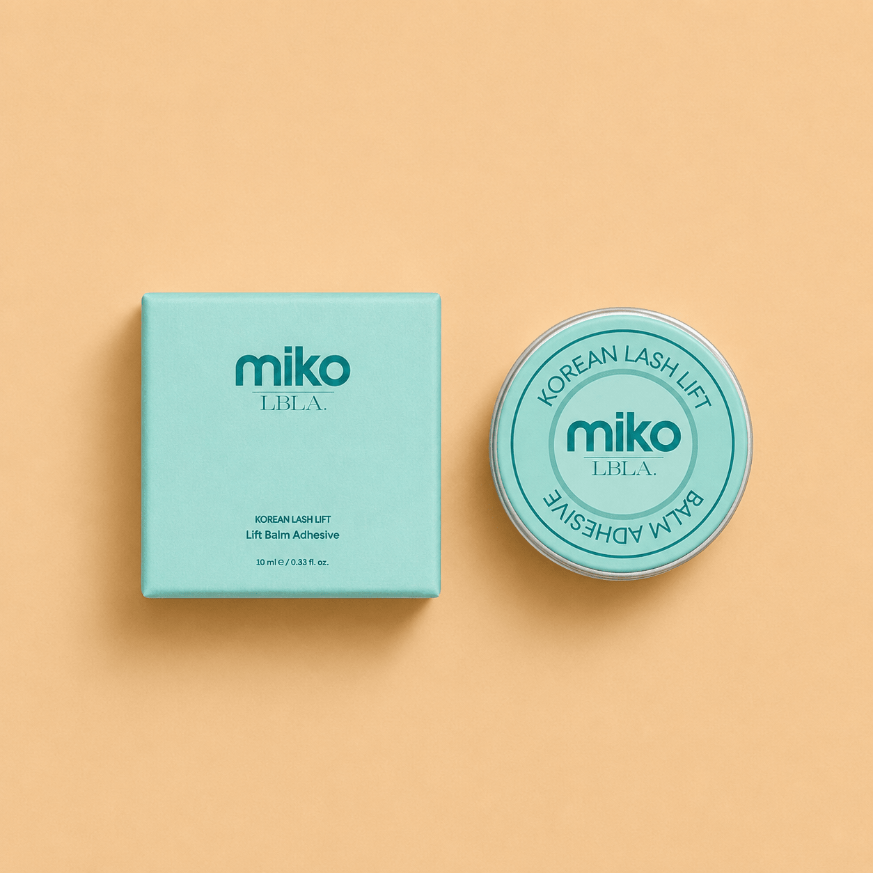 Front packaging view of the Miko by LBLA Korean Lash Lift Balm Adhesive 15g jar in its protective box.