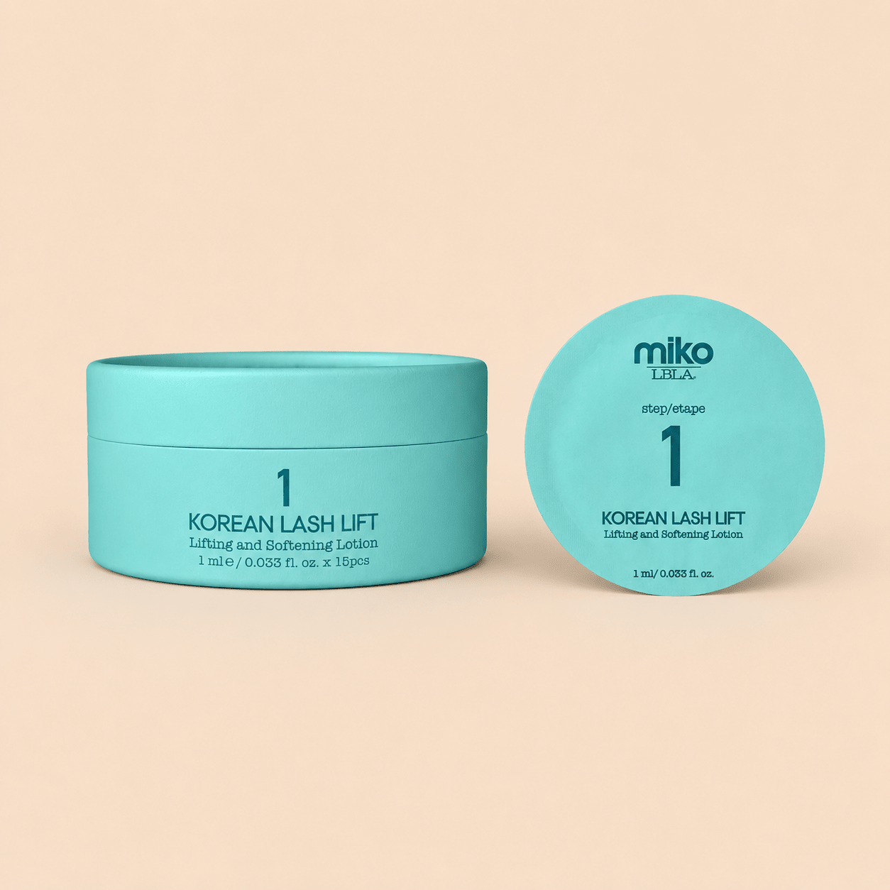 Front packaging view of the Miko by LBLA Korean Lash Lift Step 1 Lifting & Softening Lotion 15-sachet box.