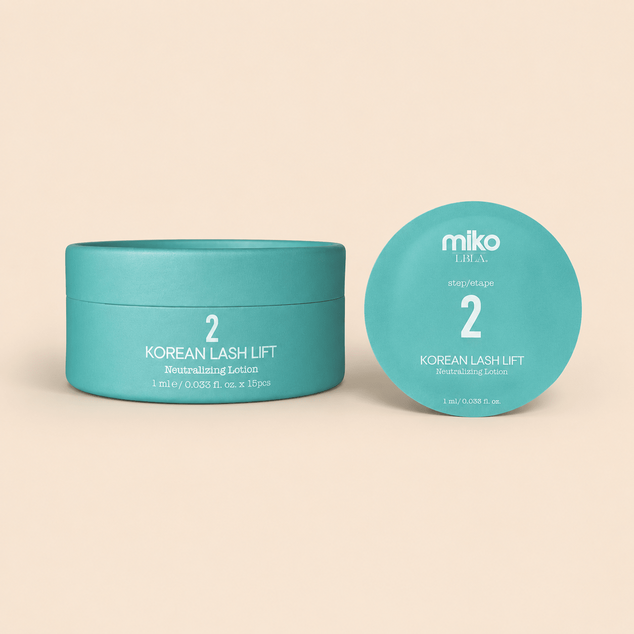 Front packaging view of the Miko by LBLA Korean Lash Lift Step 2 Neutralizing Lotion 15-sachet box.