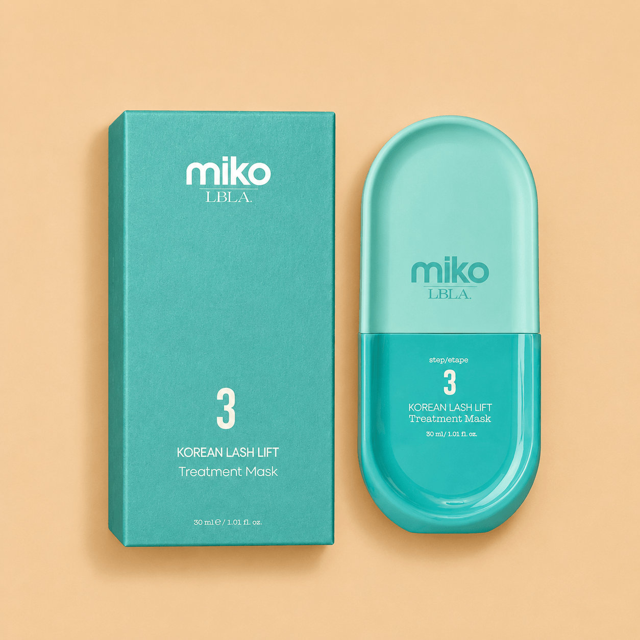 Front packaging view of the Miko by LBLA Korean Lash Lift Step 3 Treatment Mask 30ml bottle in its outer box.