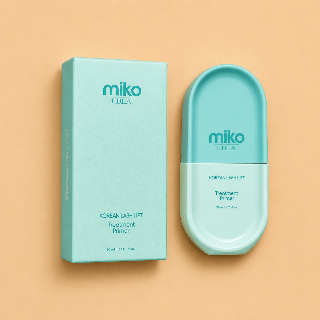 Front packaging view of the Miko by LBLA Korean Lash Lift Treatment Primer 30ml bottle in its outer box.