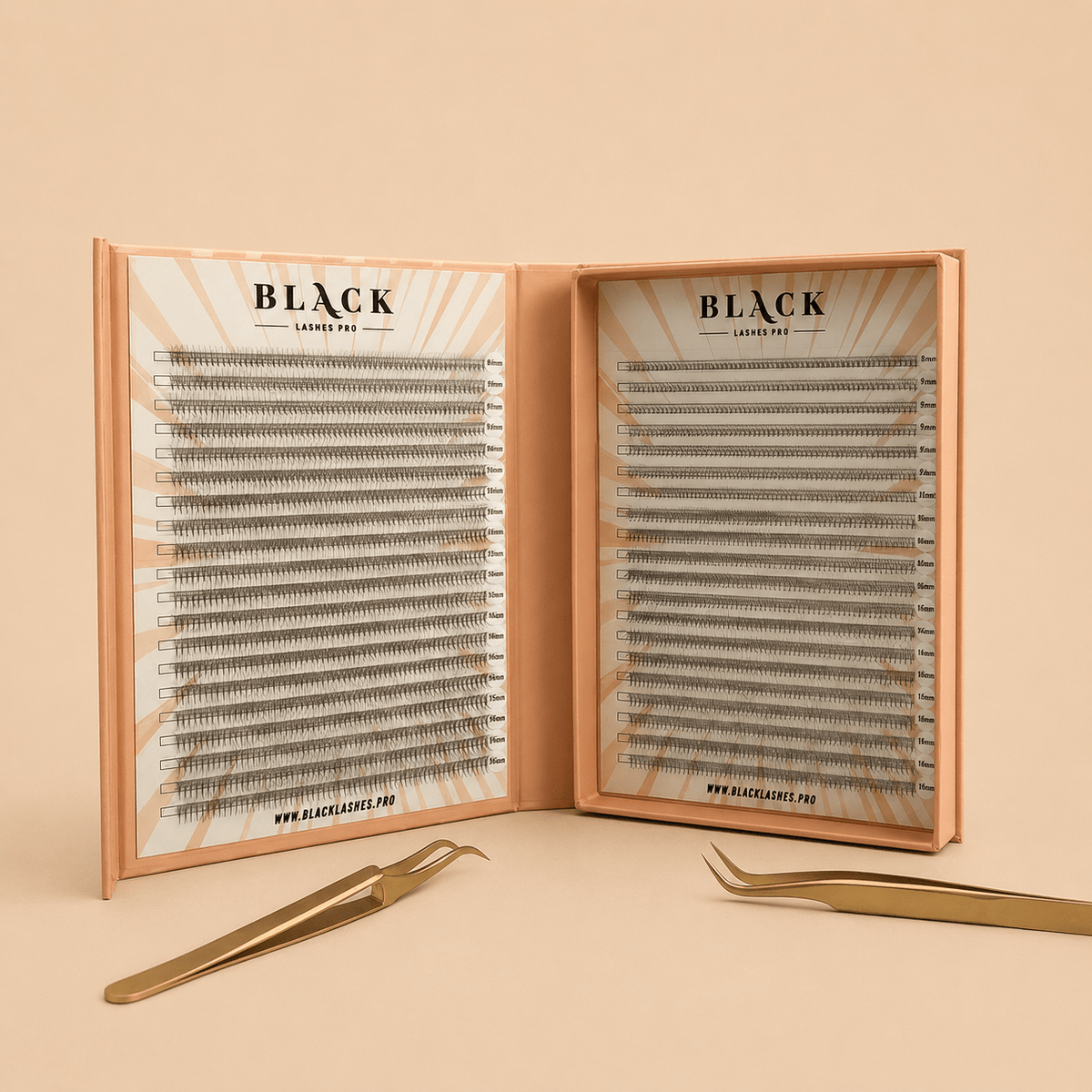 Black Lashes Pro Pre-Made Volume Lash Fans by House of Beauty USA, featuring ultra-soft synthetic fans for efficient, full volume lash sets.
