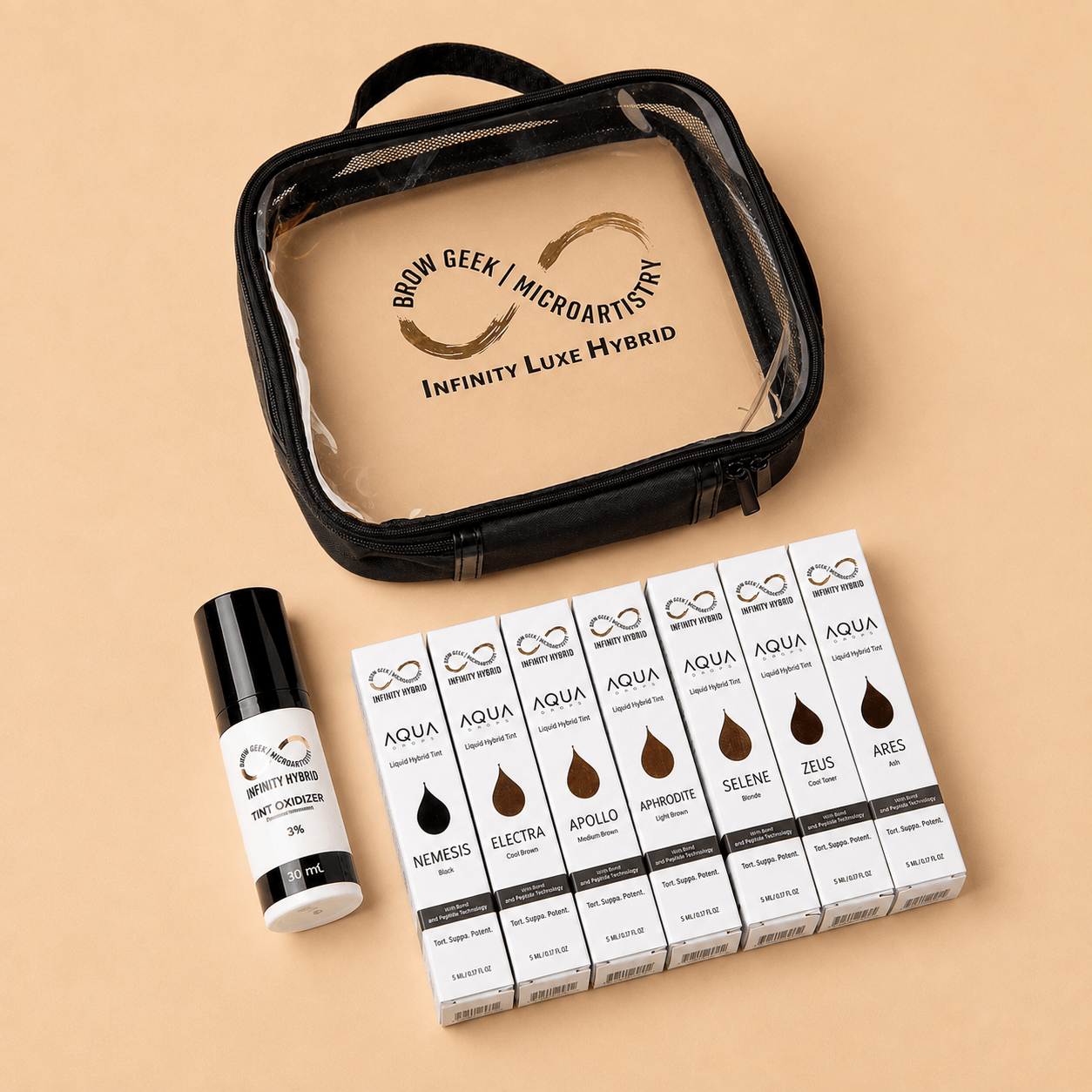 Infinity Aqua Drops Hybrid Brow Stain Kit by House of Beauty USA, featuring a professional henna-free liquid brow stain with bond-building technology.