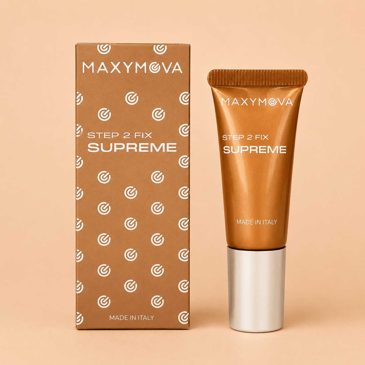 Close-up of Maxymova Supreme Step 2 Fix 10ml highlighting its precision nozzle and smooth cream consistency for controlled bond-reforming application.