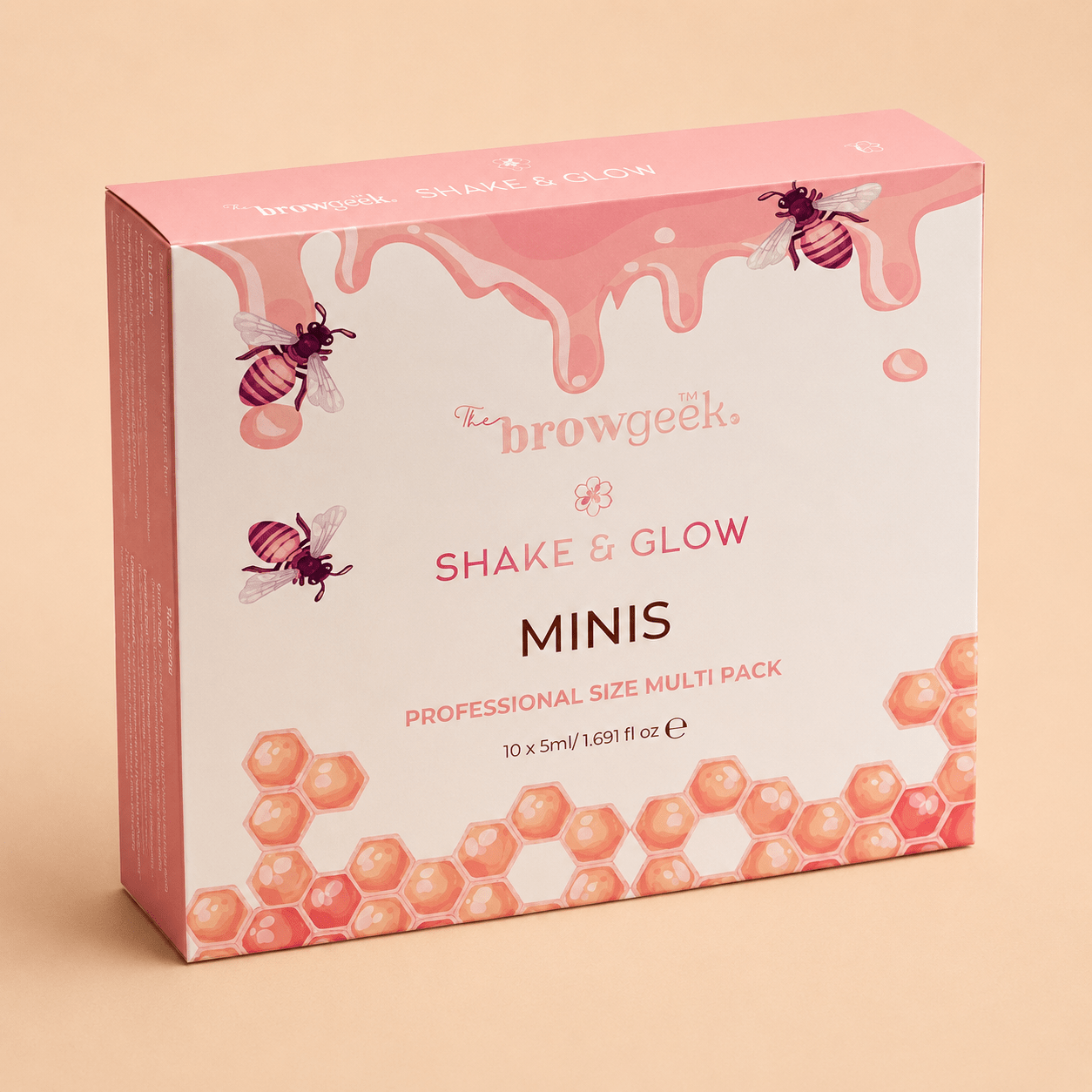 The Brow Geek Shake & Glow Honey Infused Brow Oil Retail Pack by House of Beauty USA, featuring 10 individual 5ml nourishing brow oil minis.