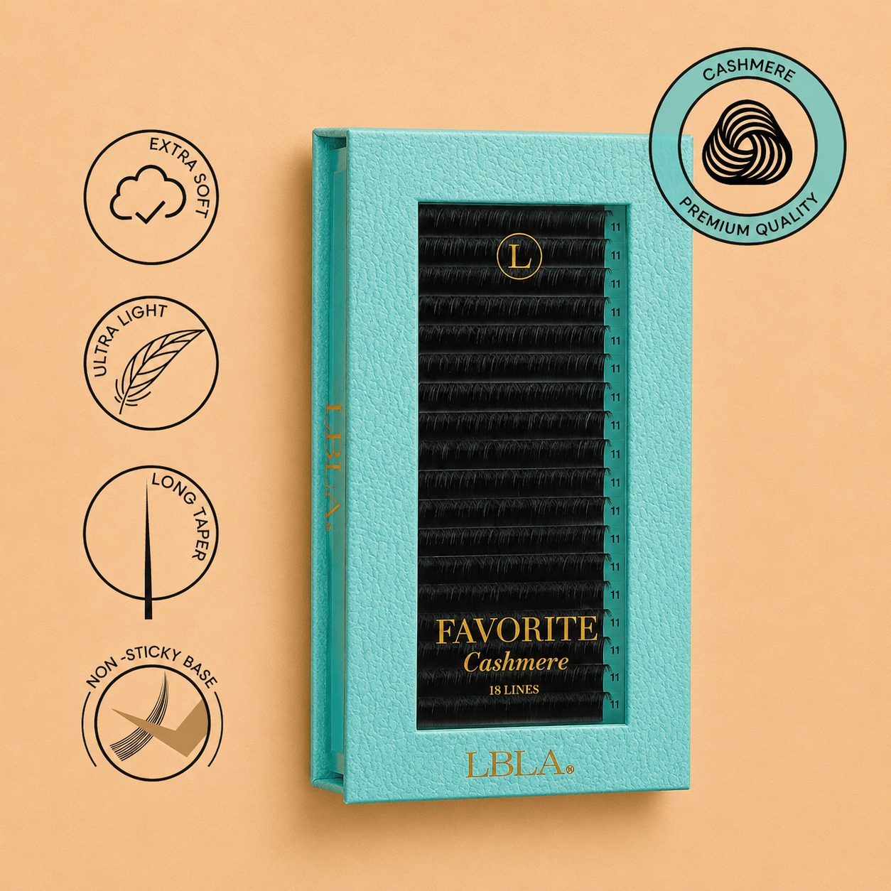 Front packaging view of the Favorite Cashmere Faux Mink lash extension 18-line acrylic tray.