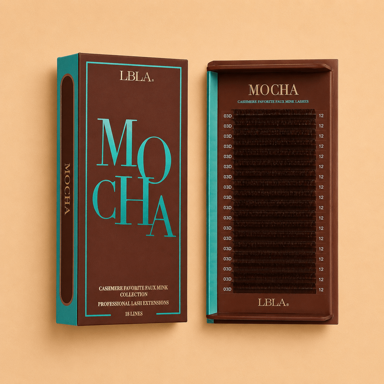Front packaging view of the Favorite Cashmere Mocha Brown lash extension 18-line acrylic tray.