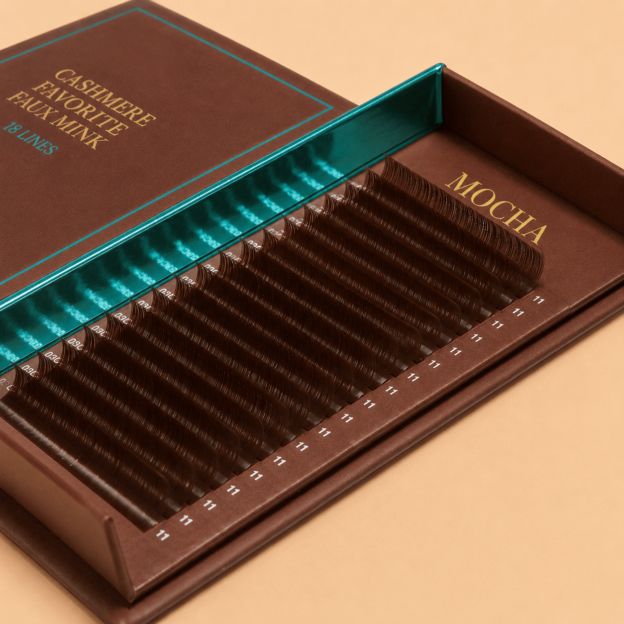 Front packaging view of the Favorite Cashmere Mocha Brown lash extension 18-line acrylic tray.