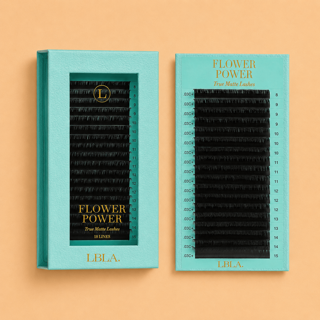 Front packaging view of the Flower Power True Matte deep black lash extension 18-line acrylic tray.
