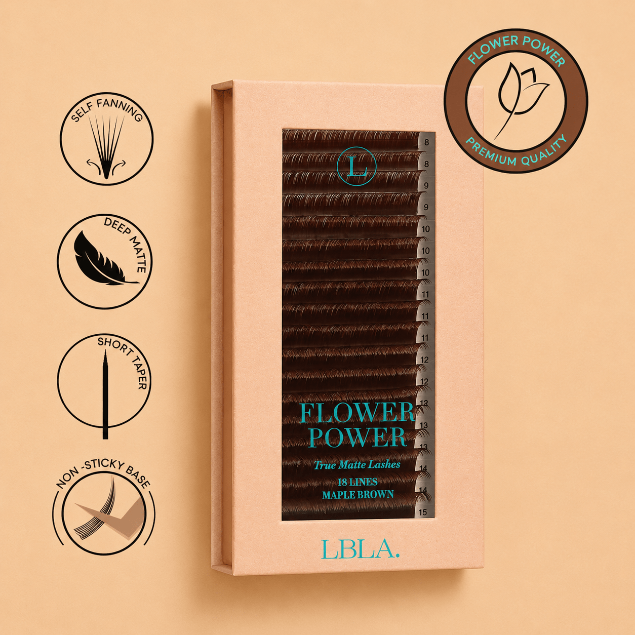 Front packaging view of the Flower Power True Matte Maple Brown 0.03mm lash extension acrylic tray.