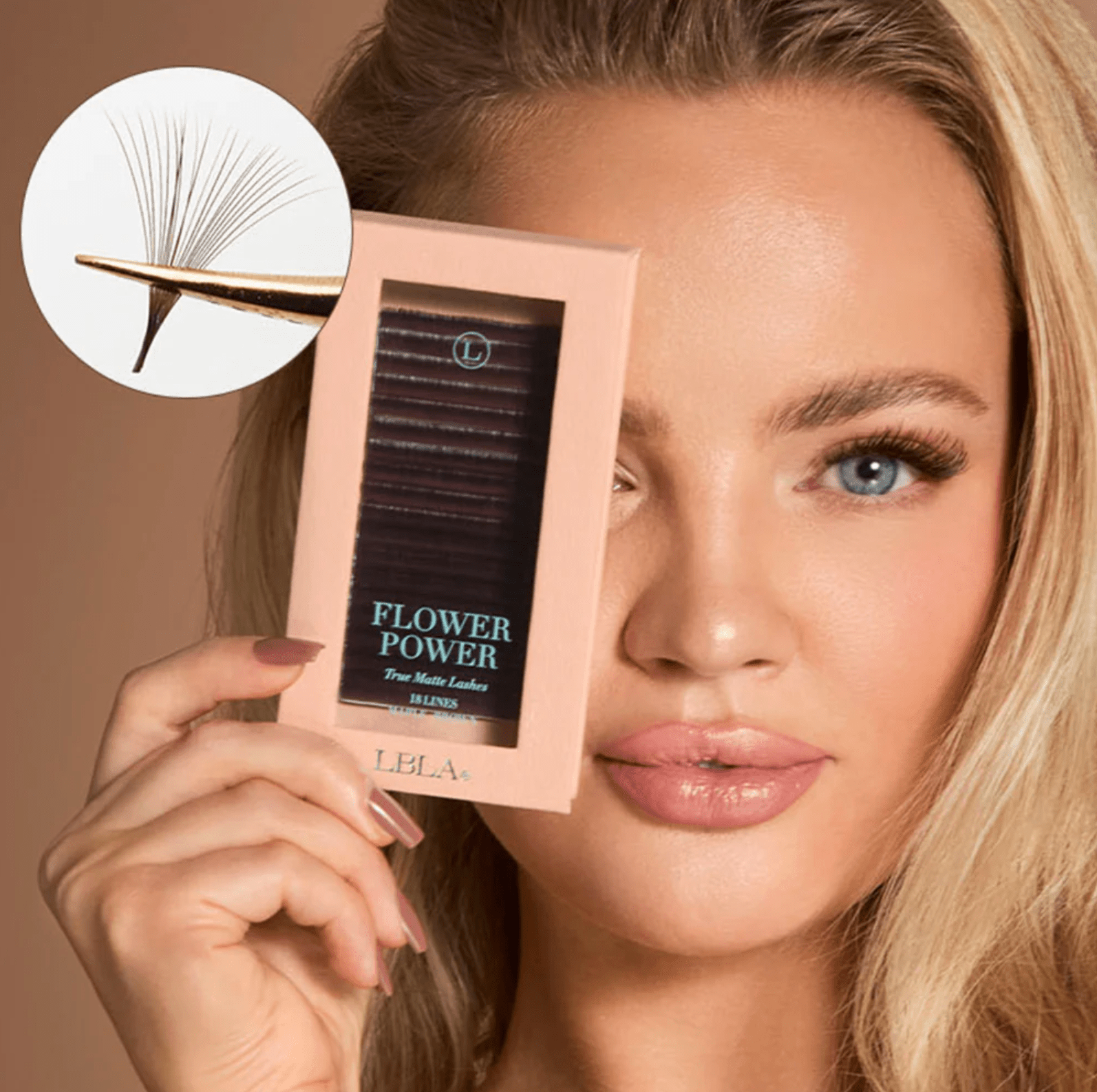 Front packaging view of the Flower Power True Matte Maple Brown 0.03mm lash extension acrylic tray.