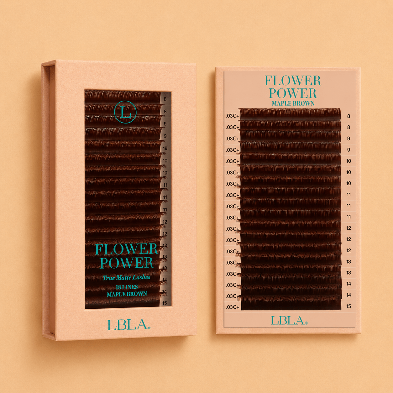 Front packaging view of the Flower Power True Matte Maple Brown 0.03mm lash extension acrylic tray.