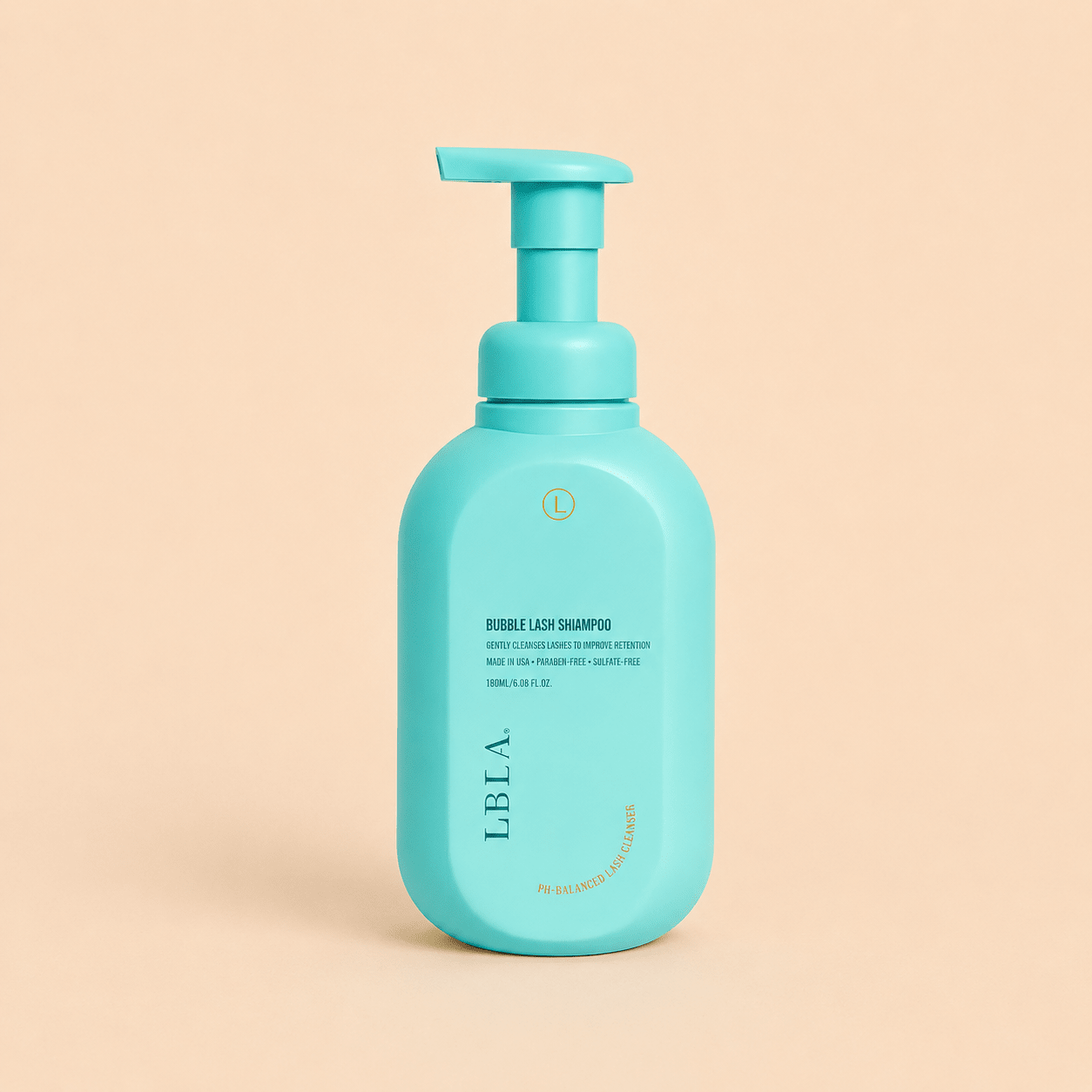 Front packaging view of the 180ml LBLA Botanical Bubble Lash Shampoo foam pump bottle.