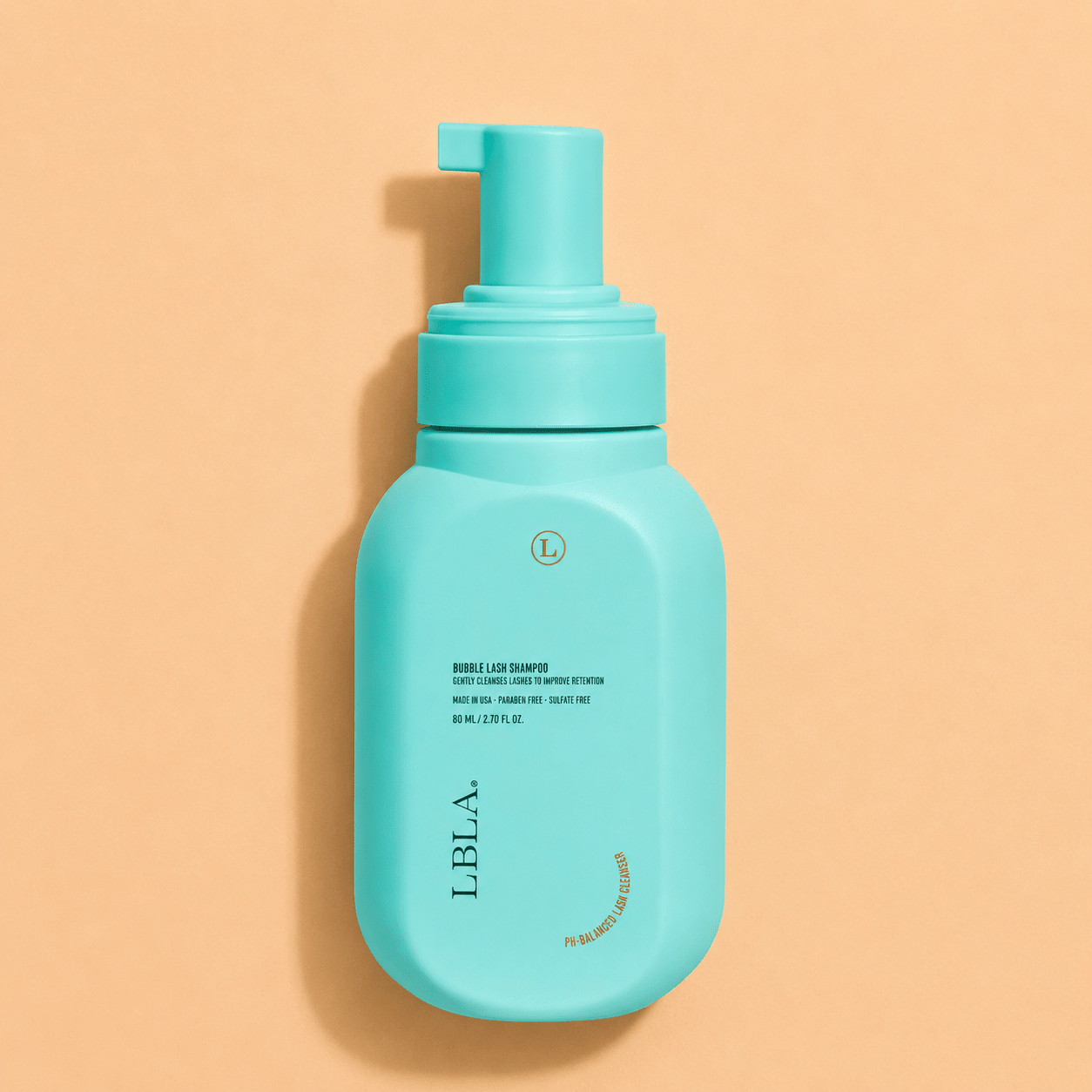 Front packaging view of the 180ml LBLA Botanical Bubble Lash Shampoo foam pump bottle.