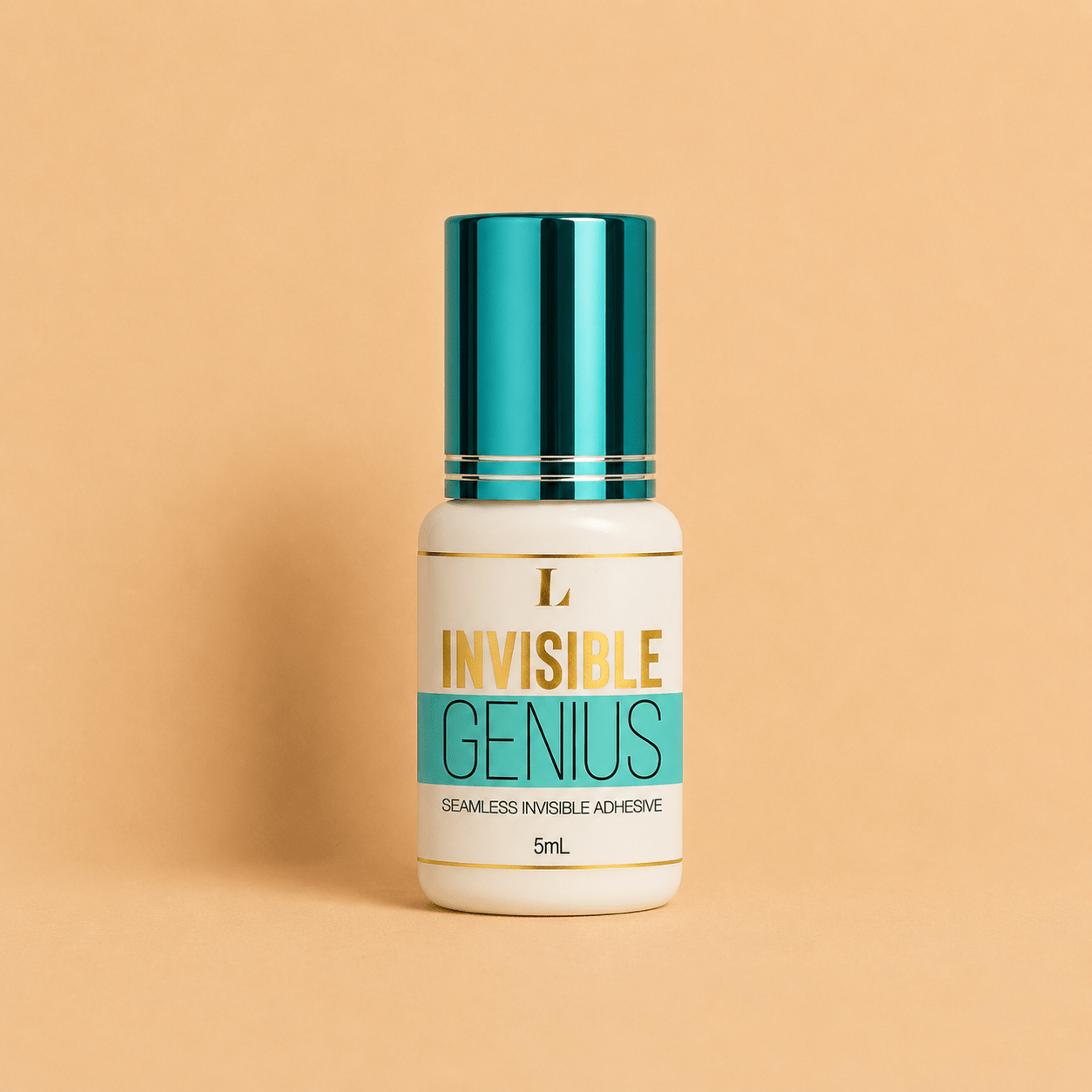 Front packaging view of the LBLA Invisible Genius clear lash extension adhesive bottle with red and white cap.