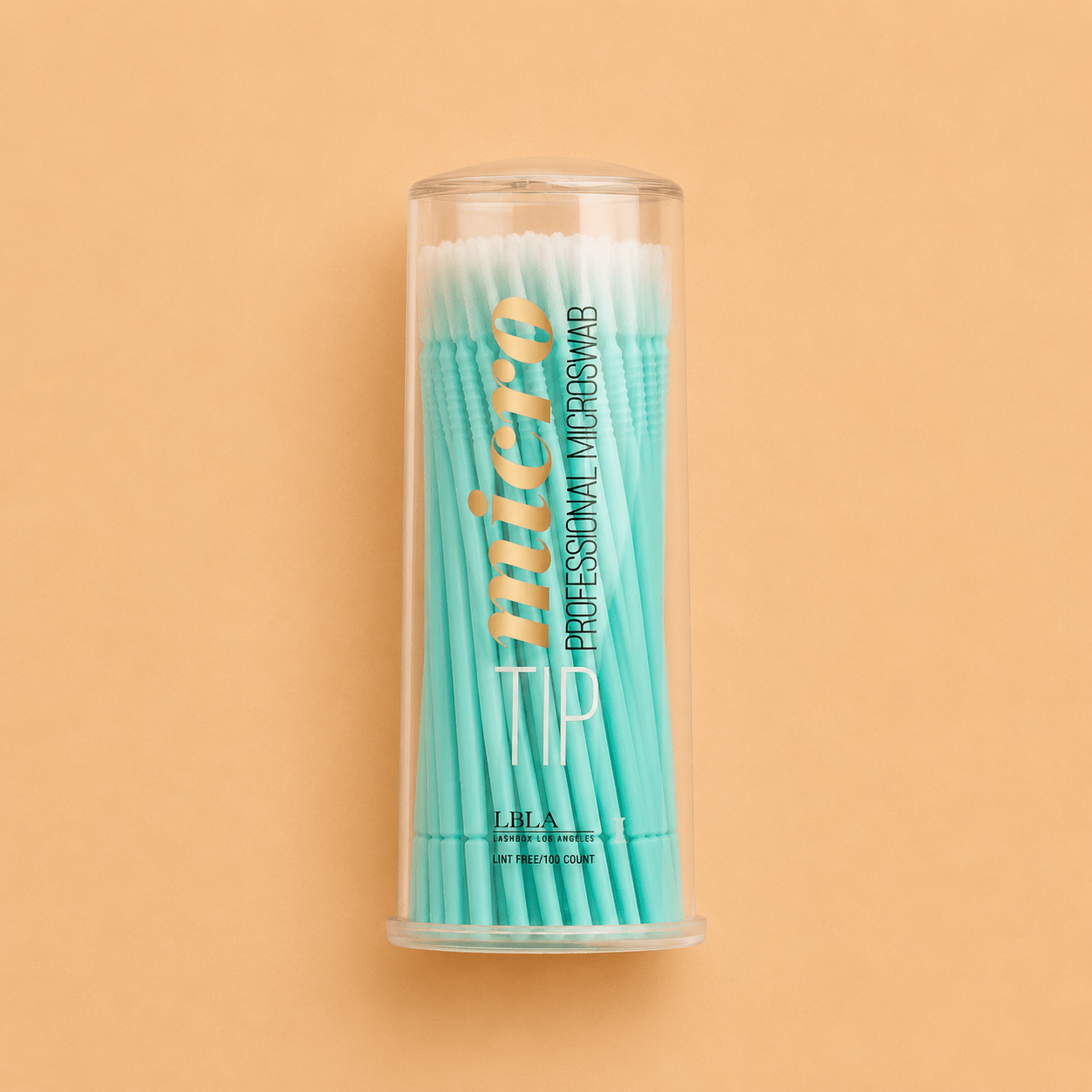 Top-down packaging view showing the clear dispensing opening of the LBLA Micro Swabs box.