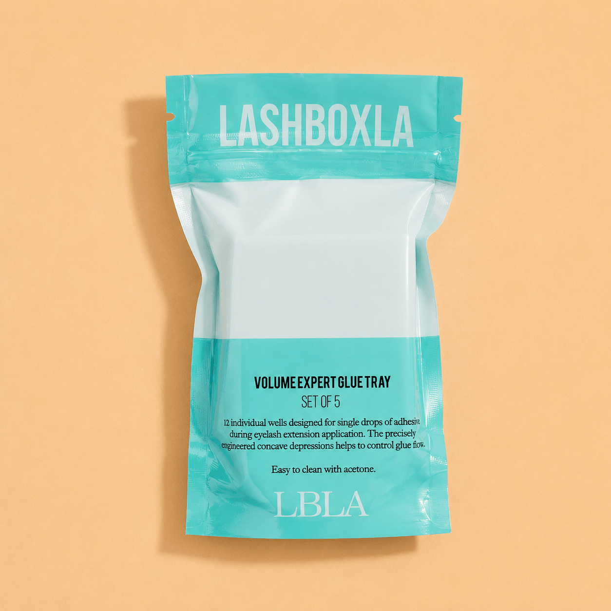 Pack of 5 LBLA Volume Expert Lash Glue Trays featuring 12 concave adhesive wells for lash artists.