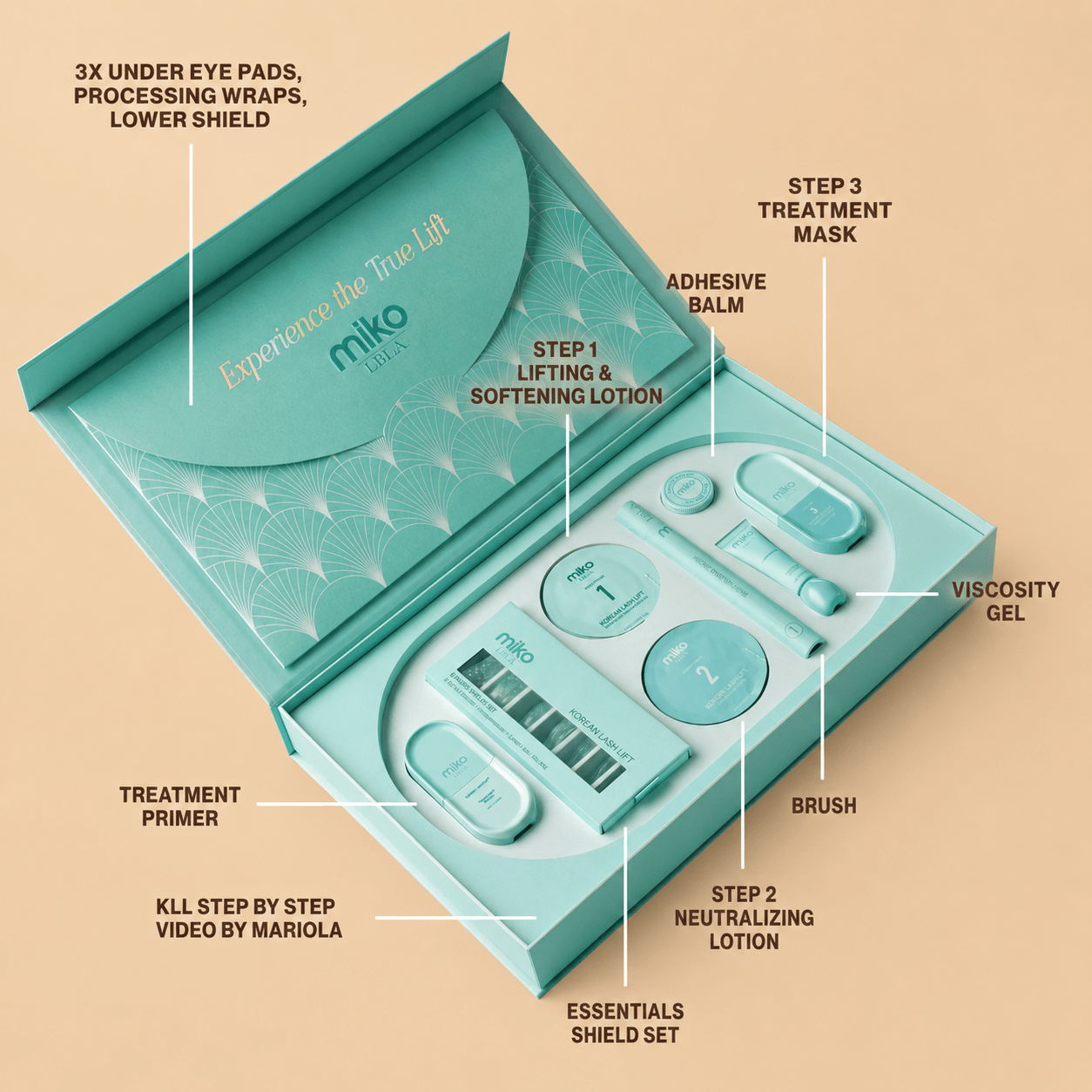 Front packaging view of the Miko by LBLA Korean Lash Lift Starter Kit box.