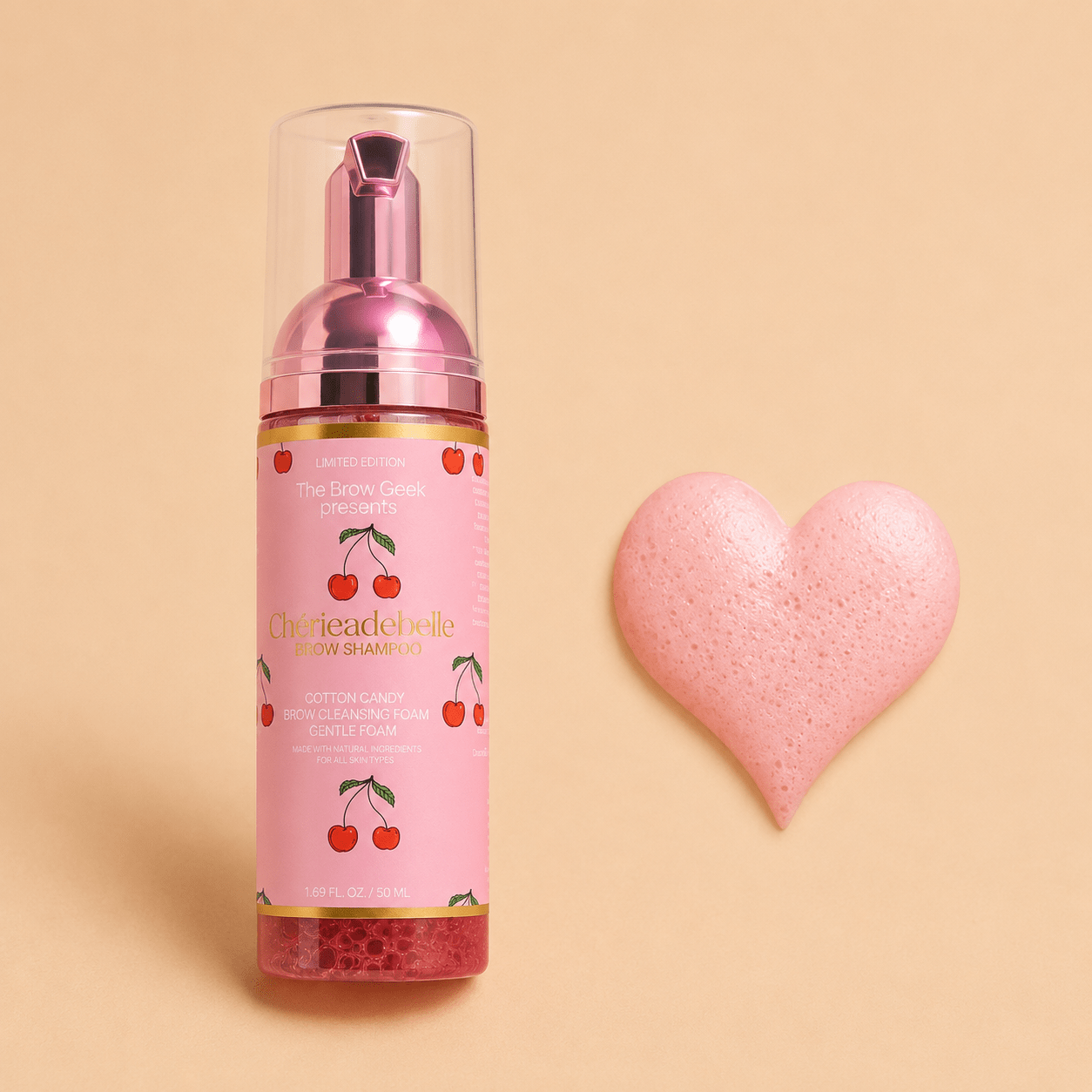 ChateauDeBelle x The Brow Geek Cherry Foam Brow Shampoo by House of Beauty USA, featuring a 60ml oil-free cleanser with a pink cherry scent.