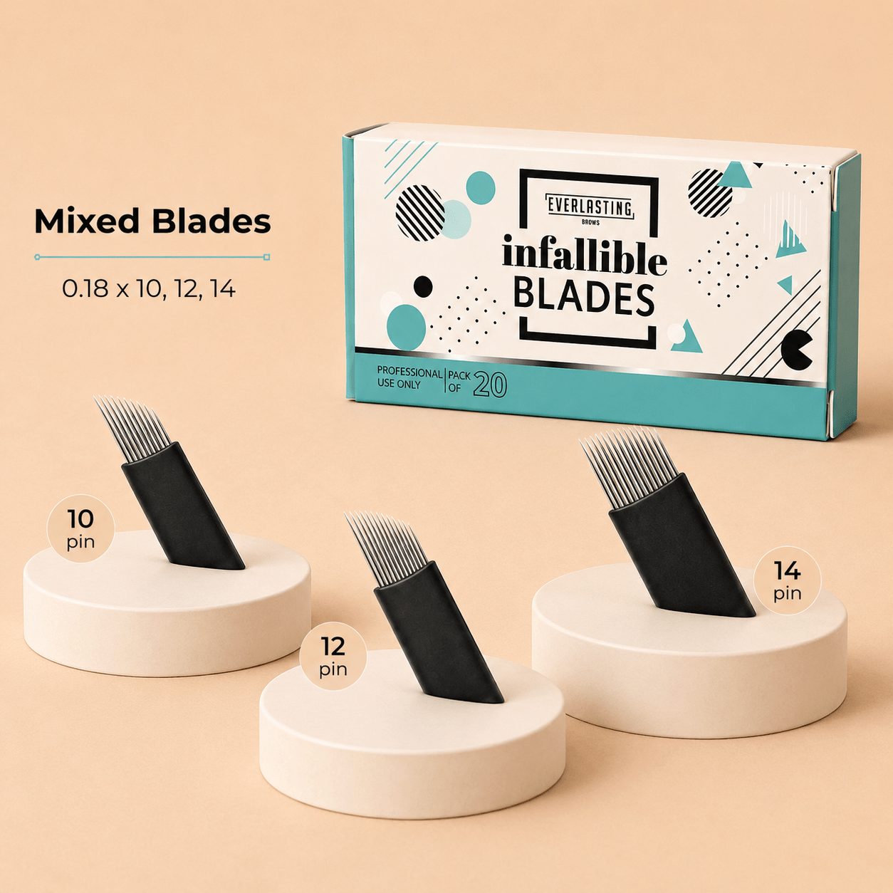 Close-up of Everlasting Brows 0.18 mm slanted microblading blades in mixed sizes, engineered for fine hair-stroke precision.