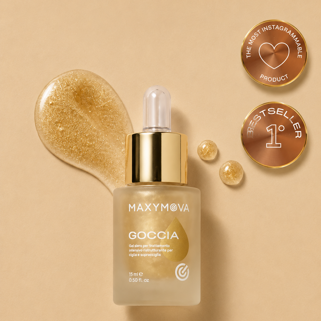 Maxymova Goccia skincare serum bottle with dropper on a beige background