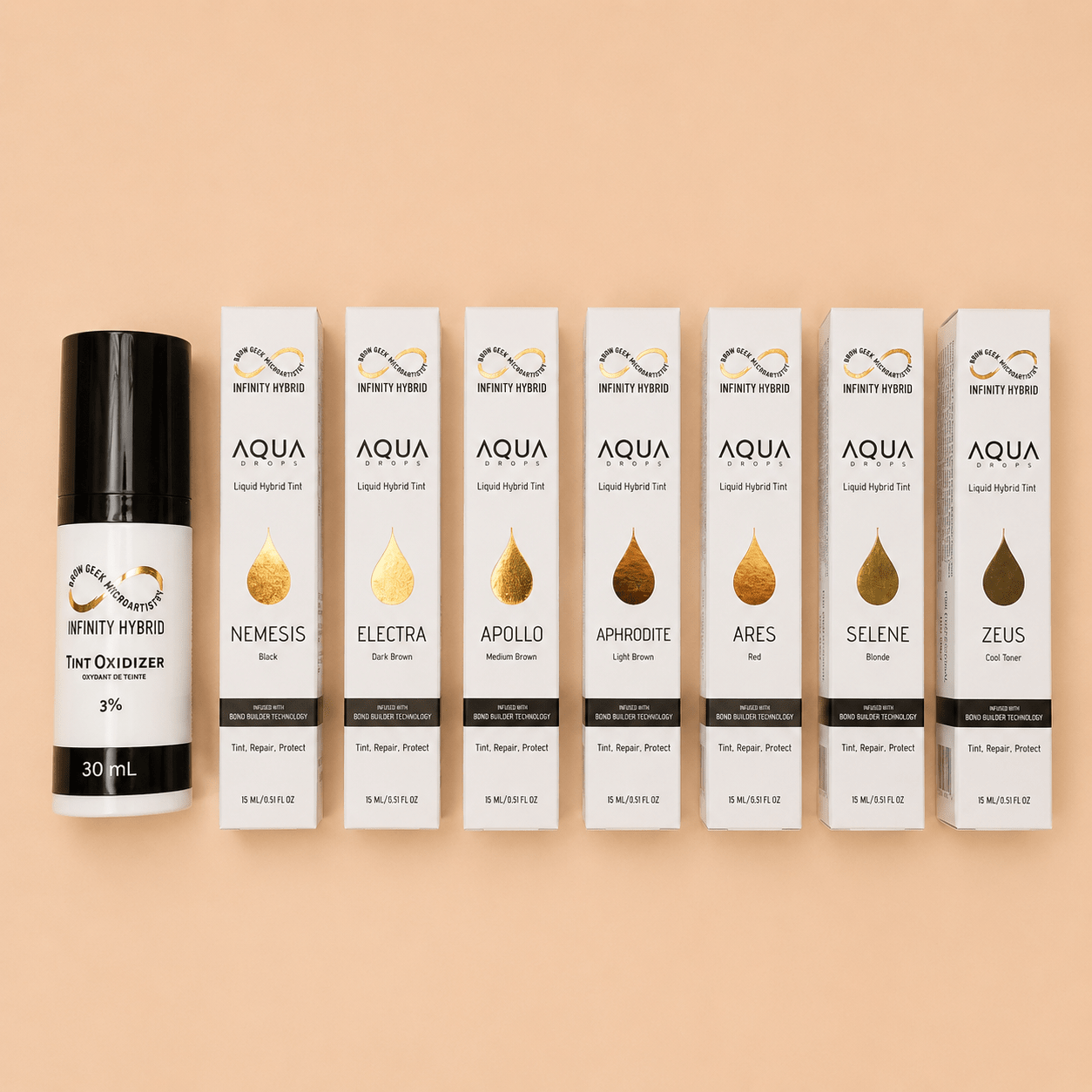 House of Beauty USA Infinity Aqua Drops liquid hybrid brow stain showing 7 mixable shades and peptide-infused hair care ingredients.