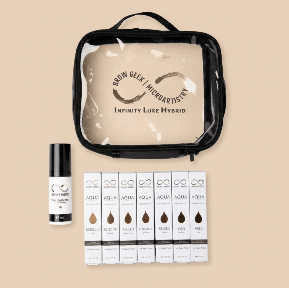 Infinity Aqua Drops Hybrid Brow Stain Kit by House of Beauty USA, featuring a professional henna-free liquid brow stain with bond-building technology.