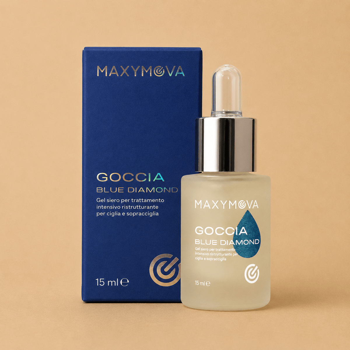 Maxymova Goccia Blue Diamond Restructuring Serum by House of Beauty USA, featuring a professional post-lamination hydrating treatment for lashes and brows.