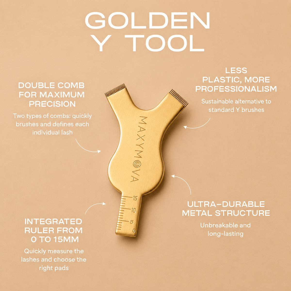 Maxymova Gold Y Tool by House of Beauty USA, featuring a durable metal lash lift tool with dual-comb designs and a built-in measuring ruler.